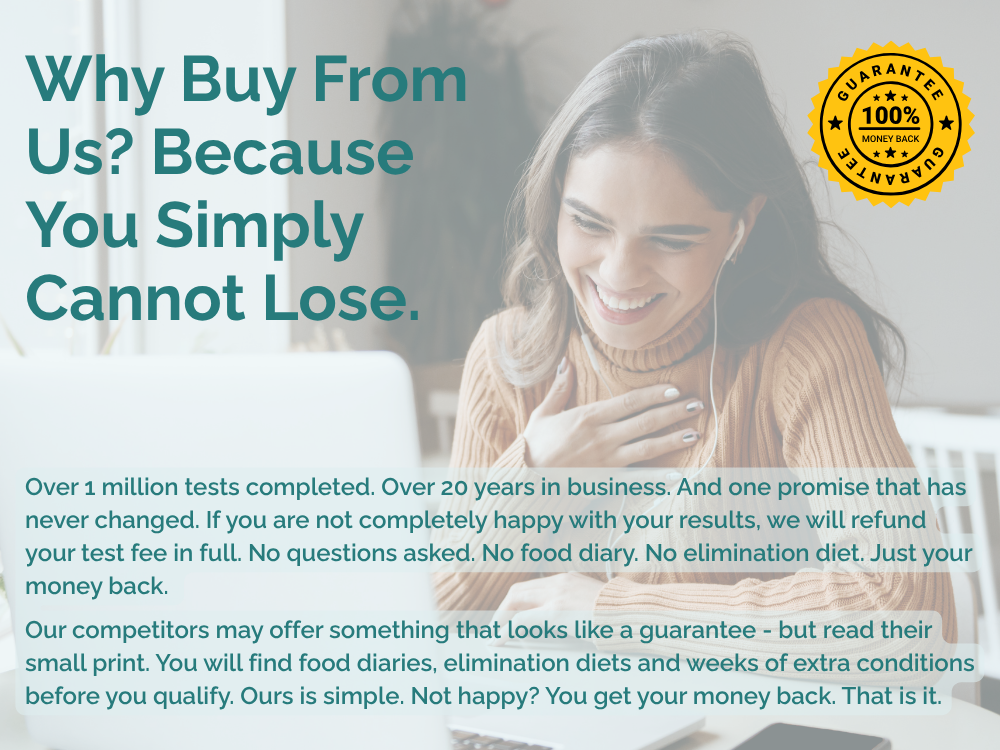 Why Buy From Us? Because You Simply Cannot Lose. Over 1 million tests completed. Over 20 years in business. And one promise that has never changed. If you are not completely happy with your results, we will refund your test fee in full. No questions asked. No food diary. No elimination diet. Just your money back. 
 
Our competitors may offer something that looks like a guarantee - but read their small print. You will find food diaries, elimination diets and weeks of extra conditions before you qualify. Ours