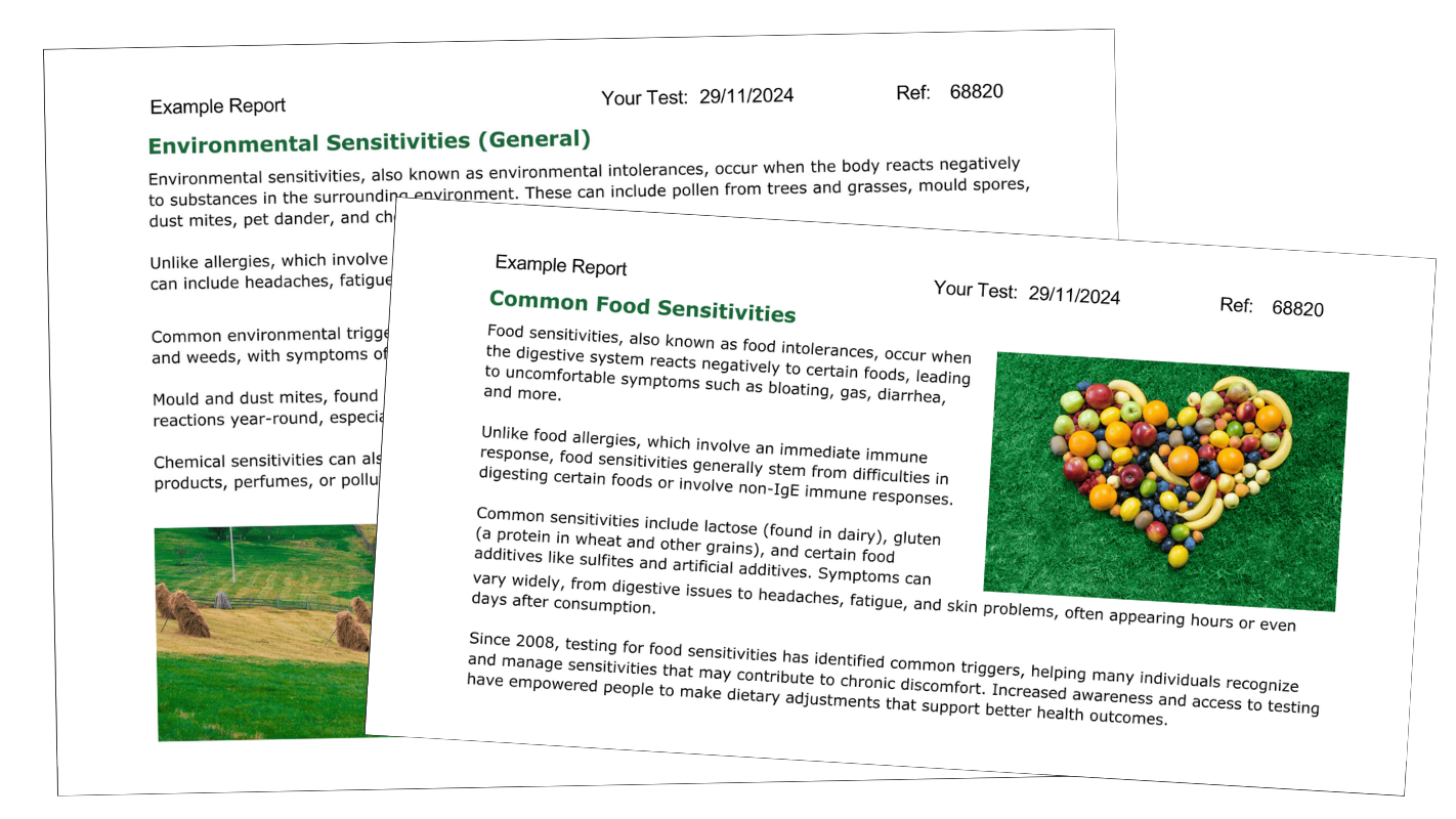 Two printed informational sheets about environmental and food sensitivities, with one sheet showing a green square labeled 'Known Triggers' and the other showing 'Common Food Sensitivities.'.