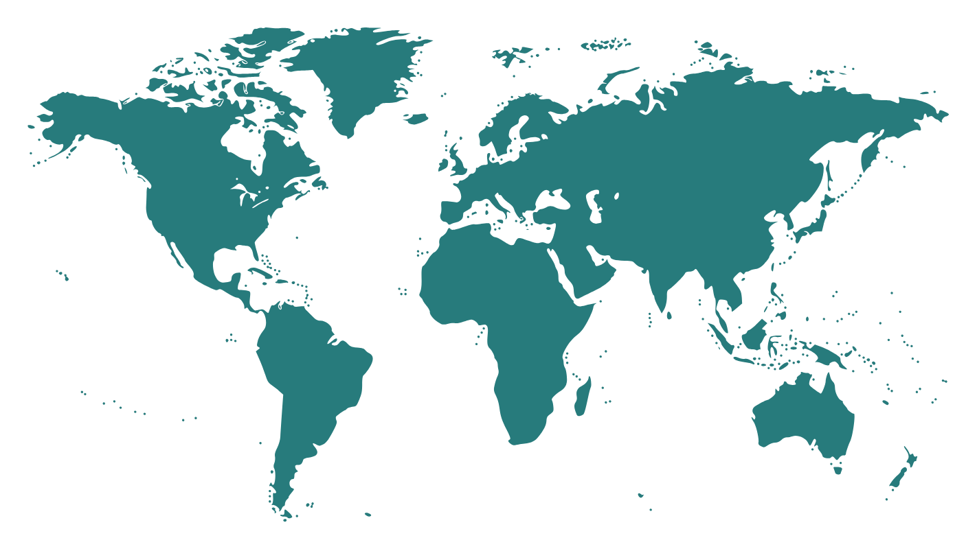 A teal-colored world map silhouette on a plain white background.